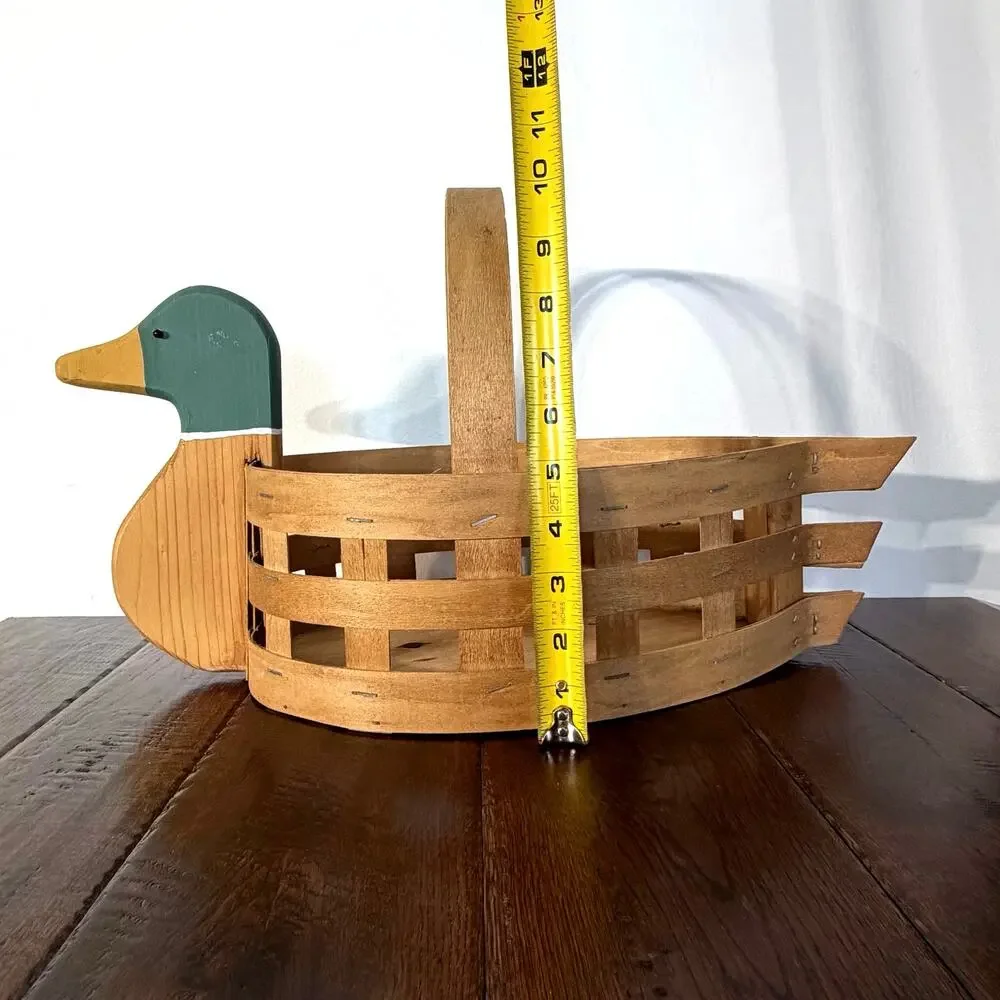 Vintage Wood & Woven Slat Mallard Duck Handled Basket | Rustic Country Basket